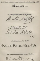 Unterschriften von Lord Nelson vor und nach dem Verlust seines rechten Arms, aus 